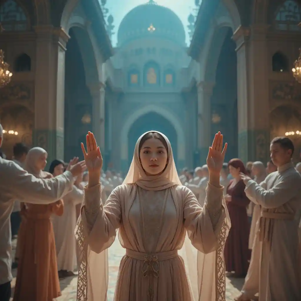 Girl praying with raised hands in a peaceful mosque glow