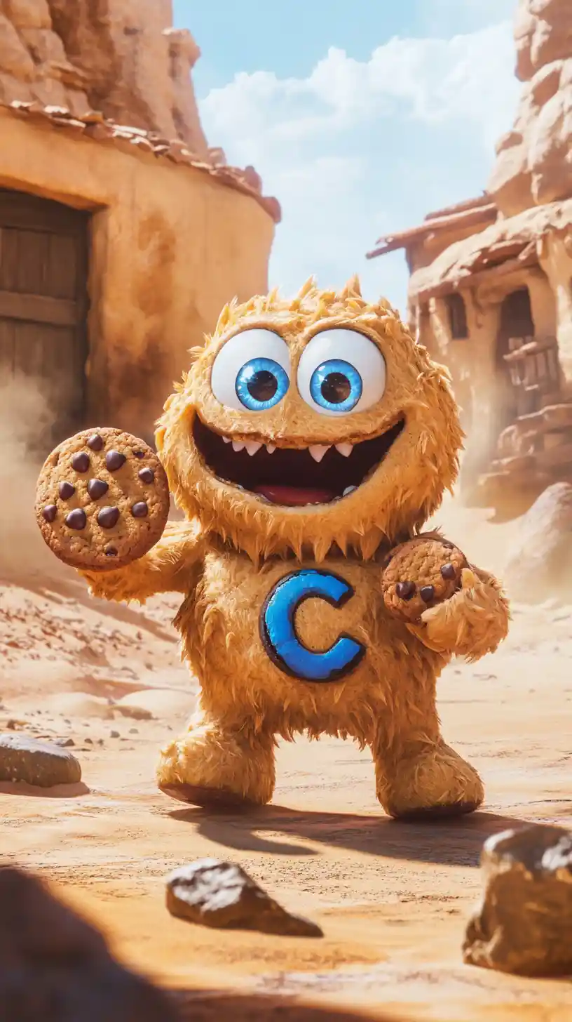 Cheerful cookie mascot in a sunny desert town scene