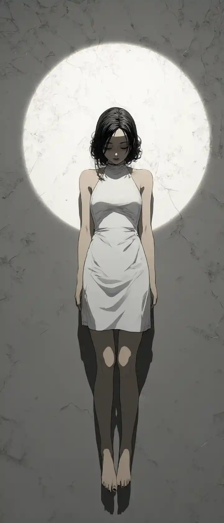 Anime woman in white slip under stark top down light