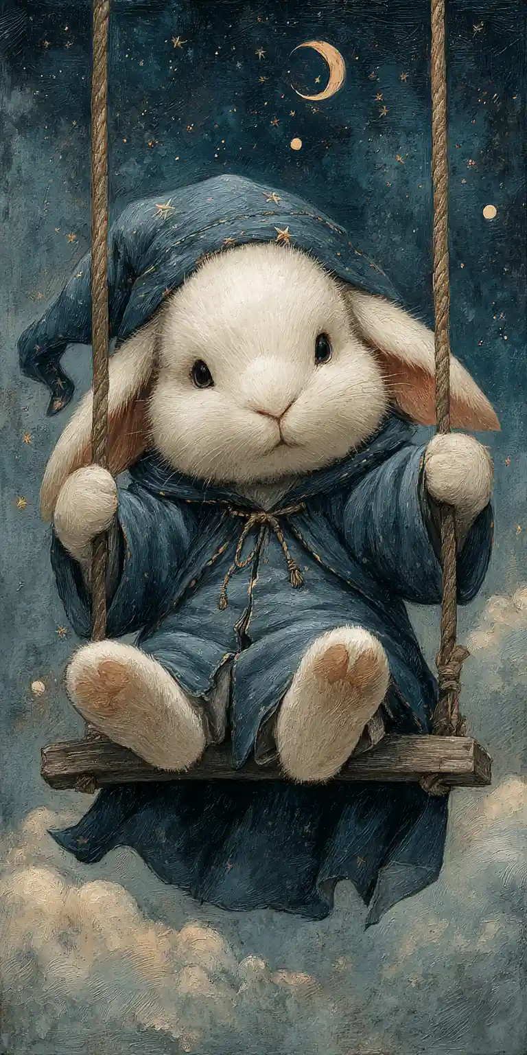 White Rabbit Wizard On Crescent Moon Swing In Night Sky
