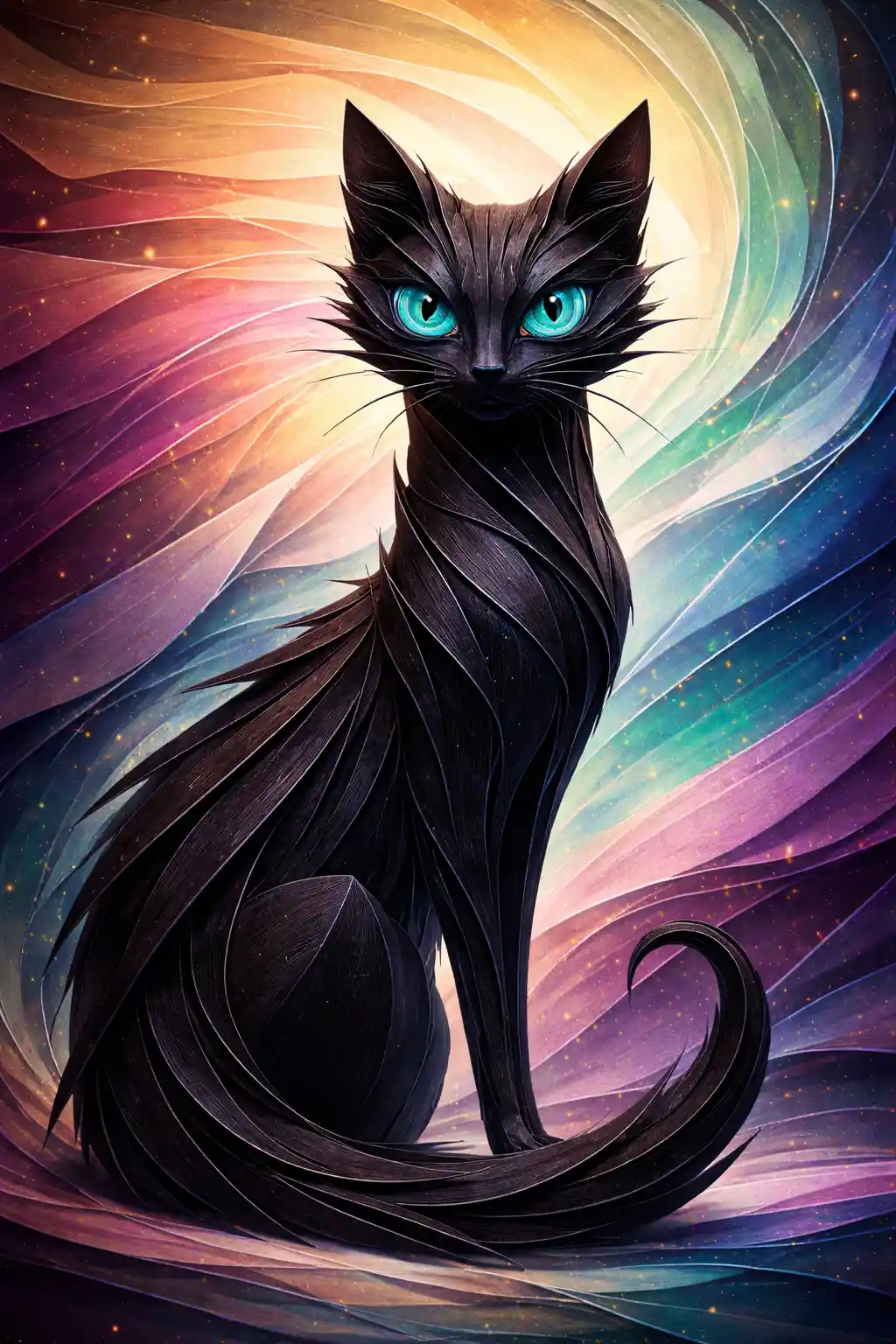 Gato Negro de Papercraft con Ojos Turquesa sobre Papel Arcoíris