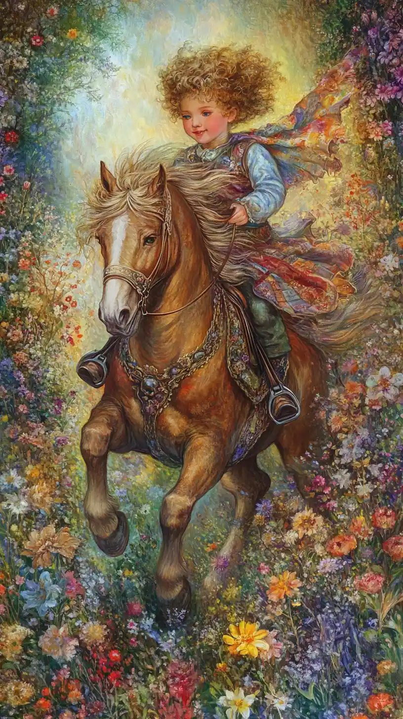 Happy young boy riding a pony through flower meadow