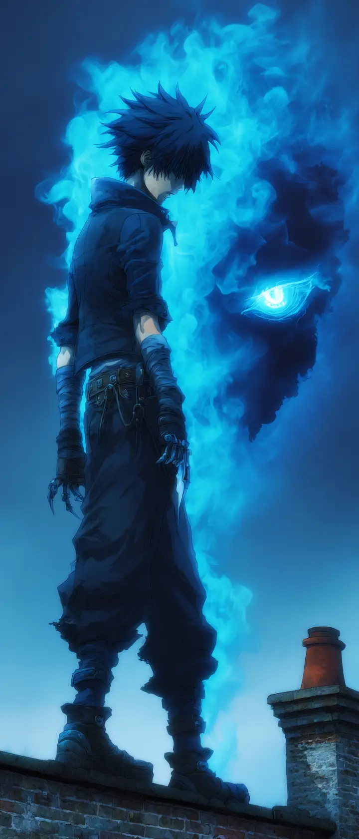 Anime assassin dissolving into shadow on city rooftop