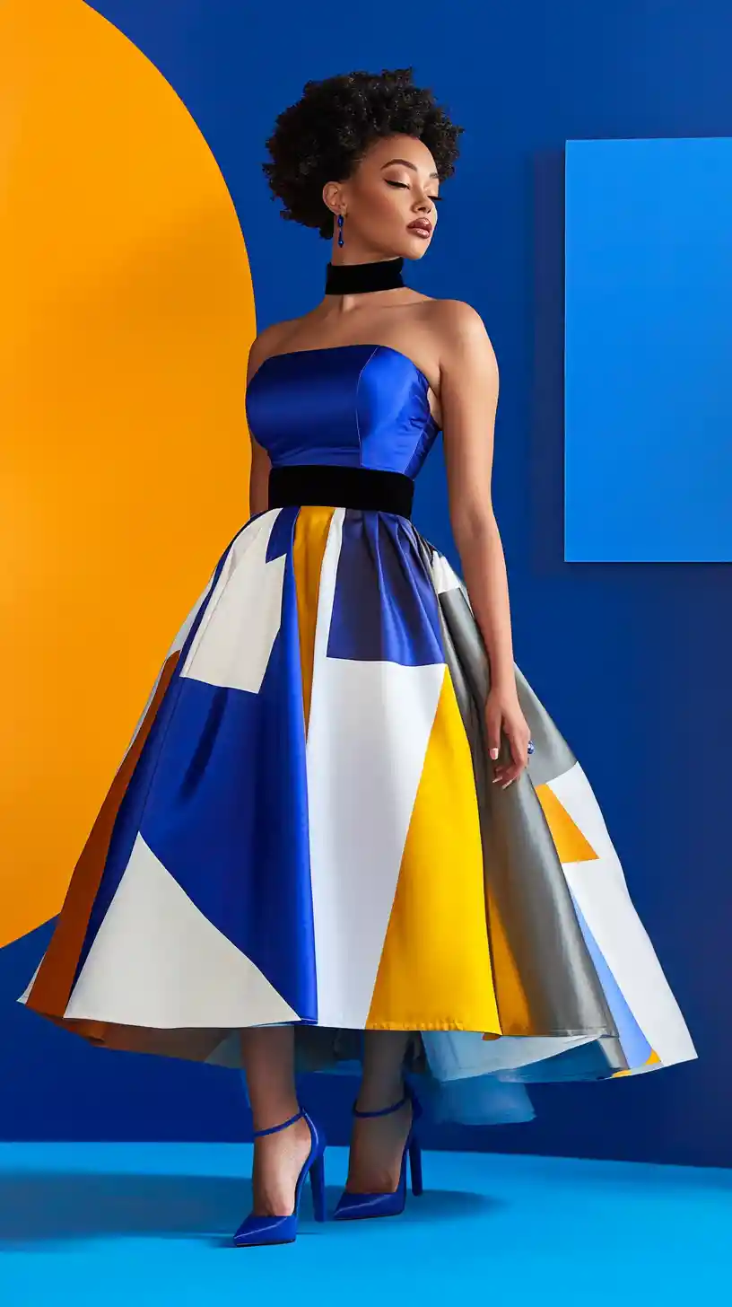 Mujer de moda talla grande con atuendo de bloques de color llamativos