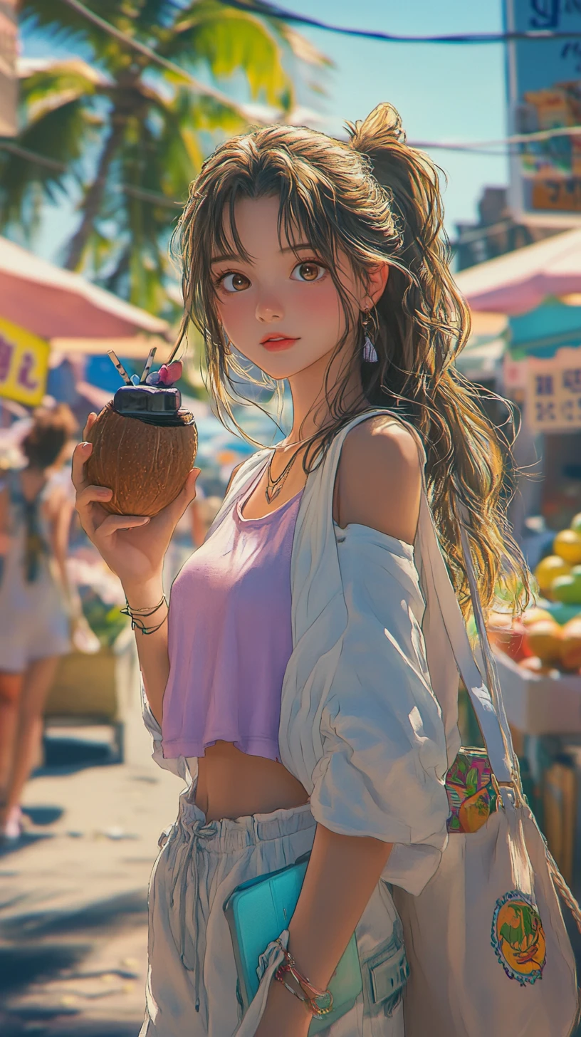 Anime-Mädchen erkundet einen sonnigen tropischen Sommer-Straßenmarkt