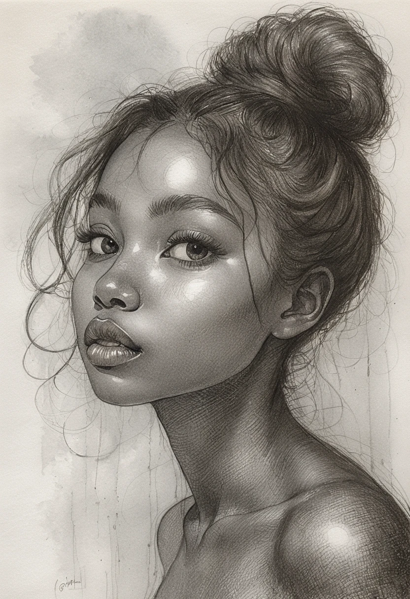 Graphite portrait of a young black woman gazing upward
