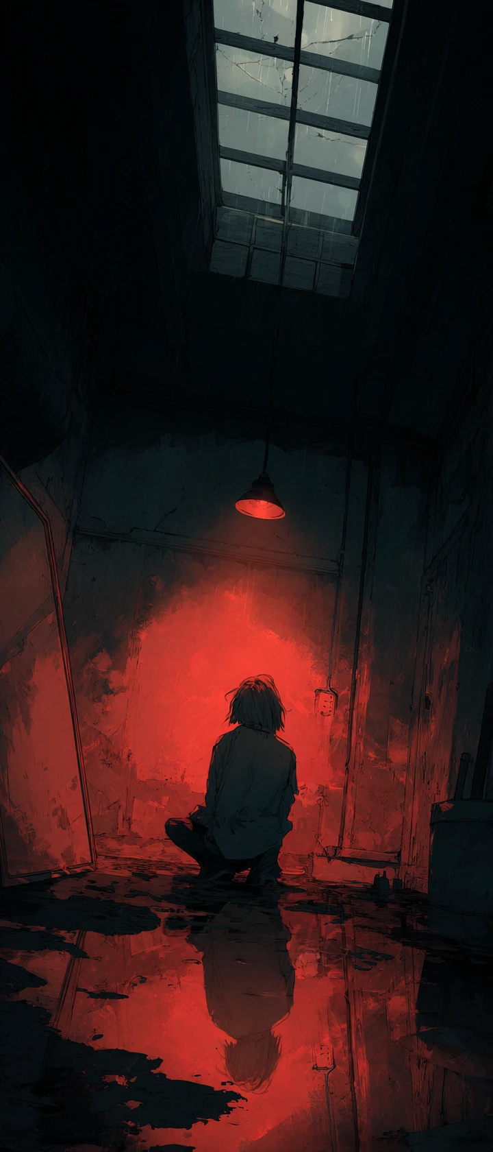 Detective de anime arrodillado en un apartamento manchado de sangre frente al espejo