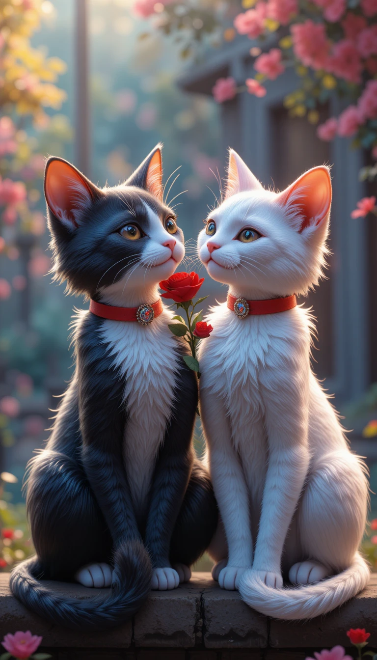 Two romantic 3D cats sitting together on a fence