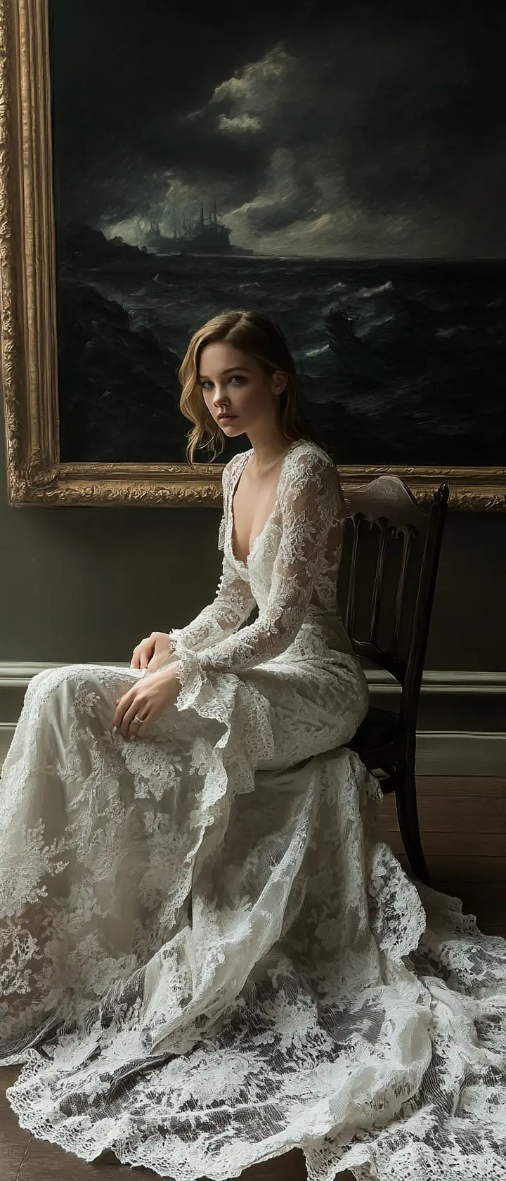 Mariée en robe de dentelle assise devant une peinture de mer orageuse
