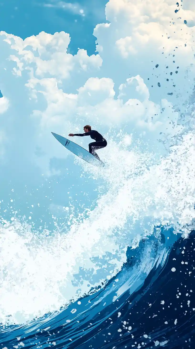 Surfista che cavalca una grande onda oceanica da un angolo basso