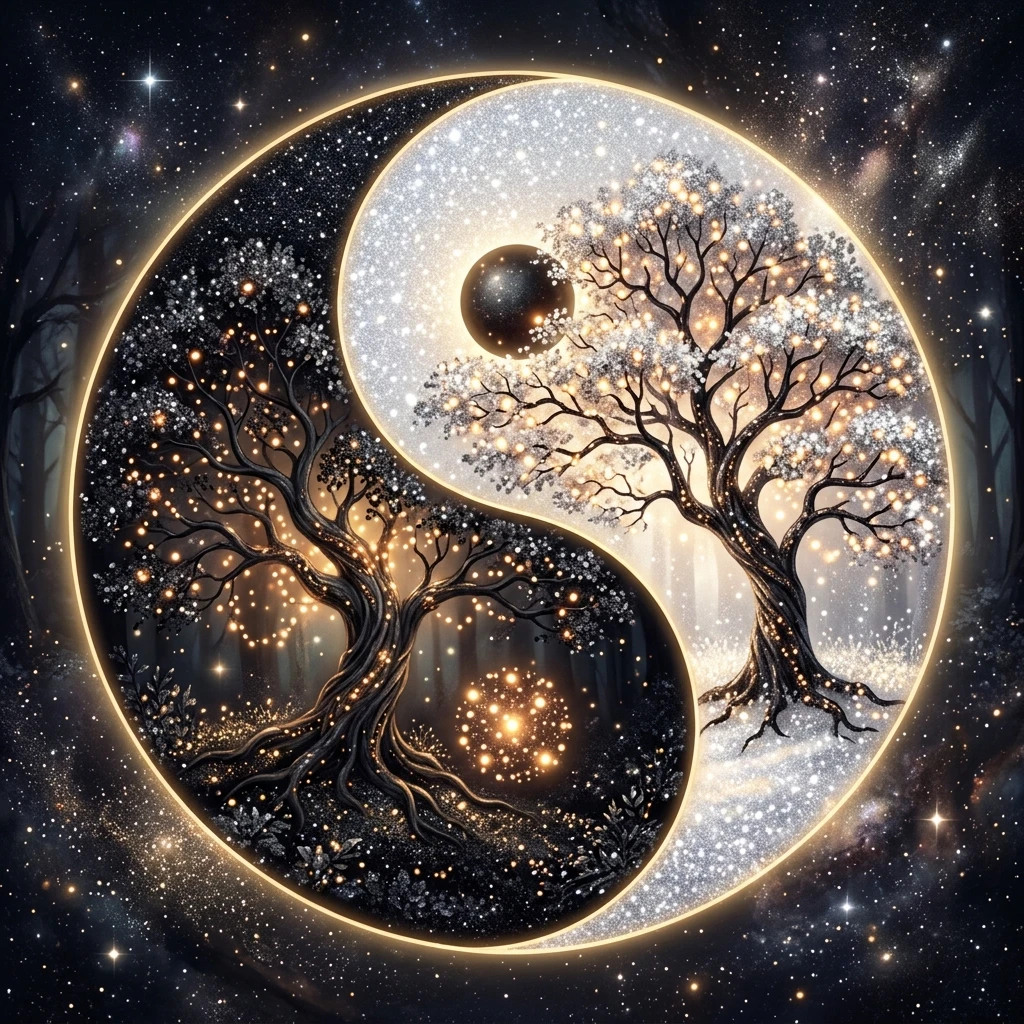 Yin yang trees in glowing black and white digital painting