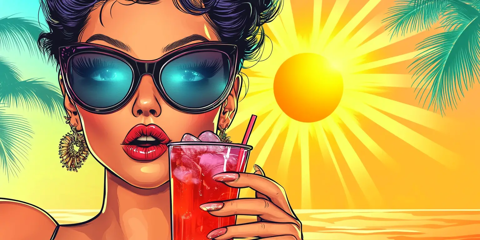 Cartoon glam woman with sunglasses on tropical beach