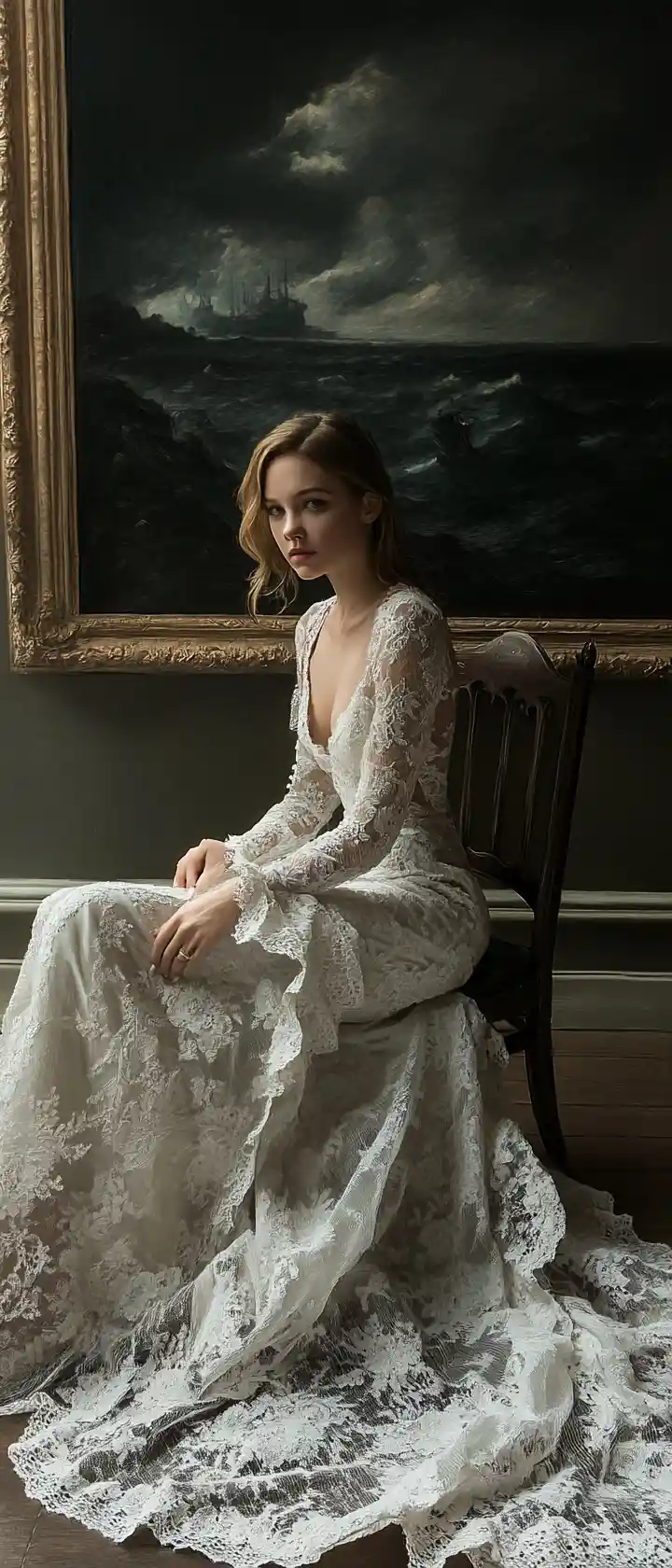 Bride in lace gown seated by stormy seascape painting
