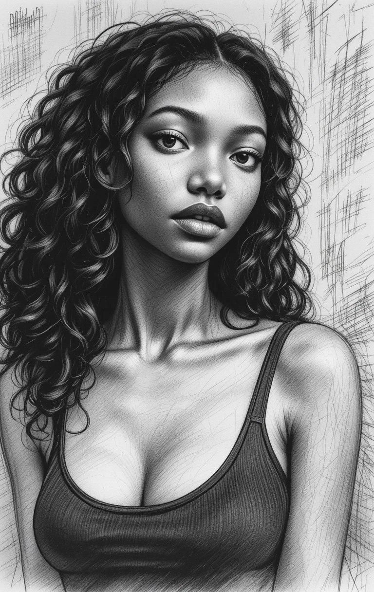 Retrato em grafite de uma jovem mulher com cabelo longo e cacheado