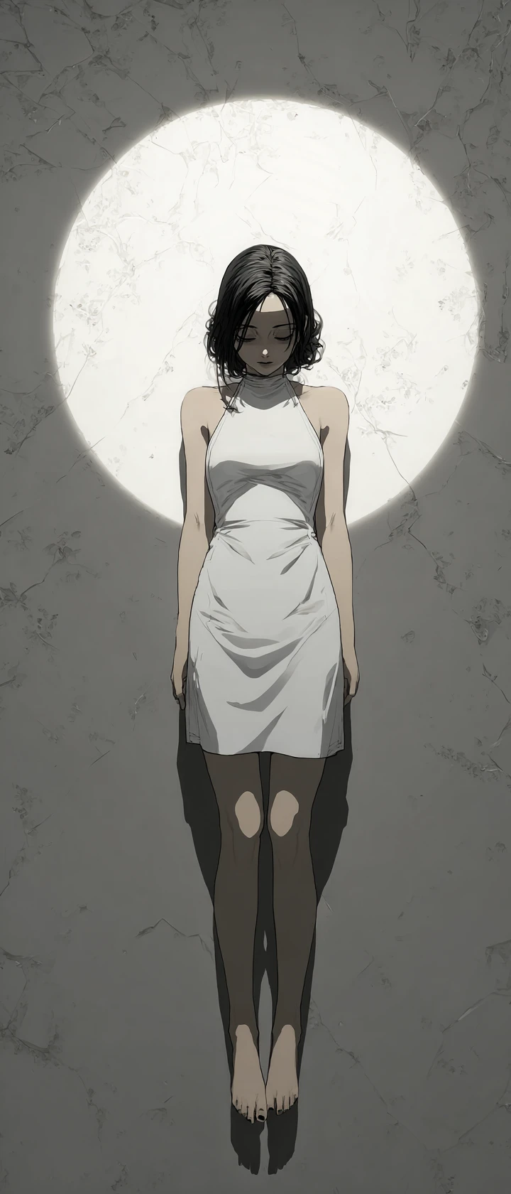 Anime woman in white slip under stark top down light