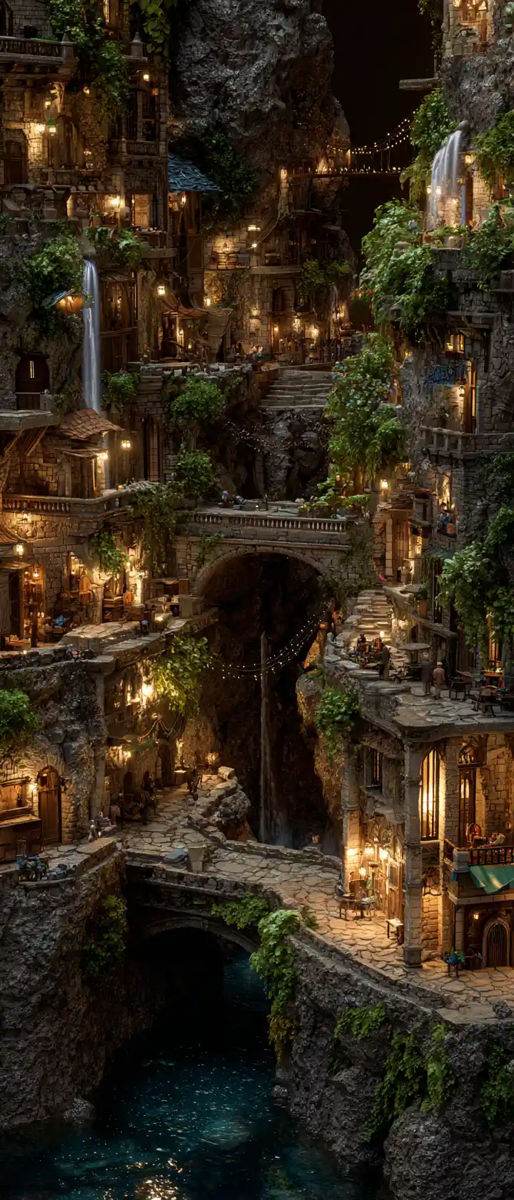 Vibrant Fantasy Canyon City With Bridges And Waterfalls