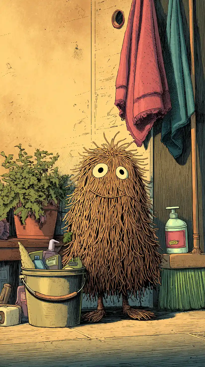 Cartoon mop character in a colorful janitor closet