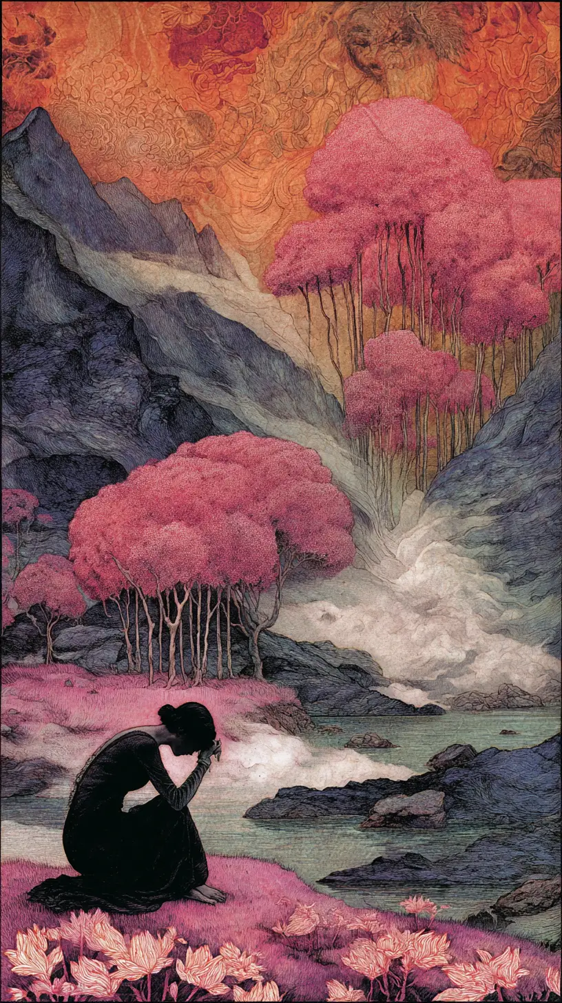 Melancholic figure in a surreal dreamlike landscape