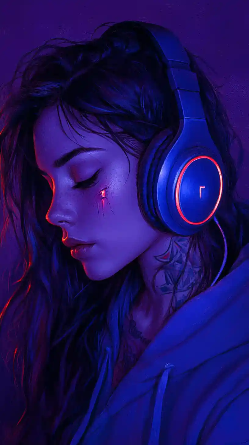 Ragazza pensierosa con felpa blu e cuffie luminose