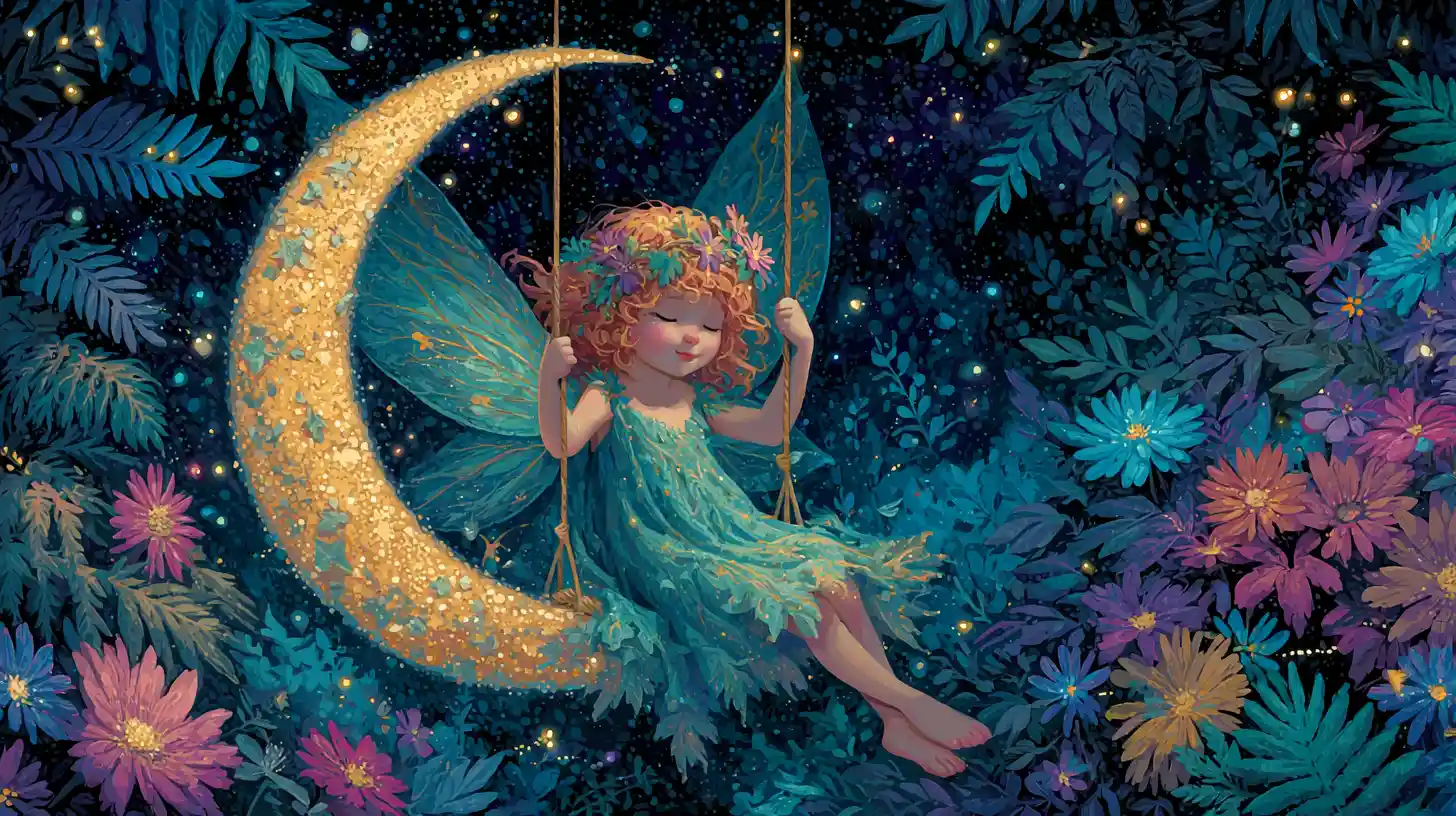 Bambino fata che dondola da una luna crescente luminosa