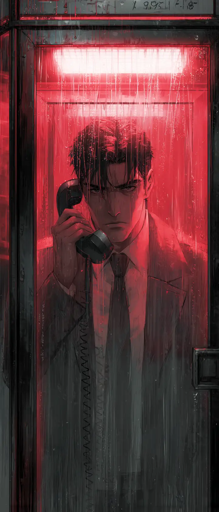 Anime detective in rainy phone booth at dawn