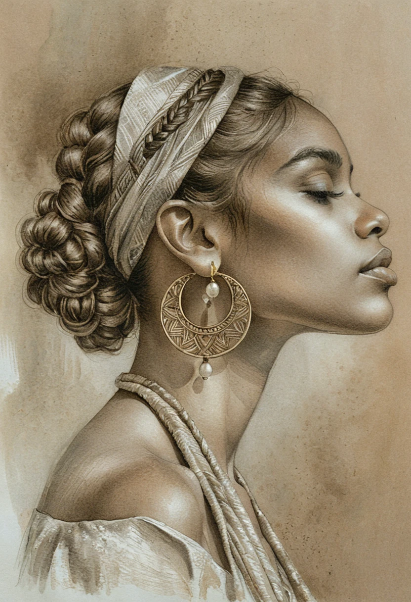 Sepia profile portrait of a young woman with braided updo