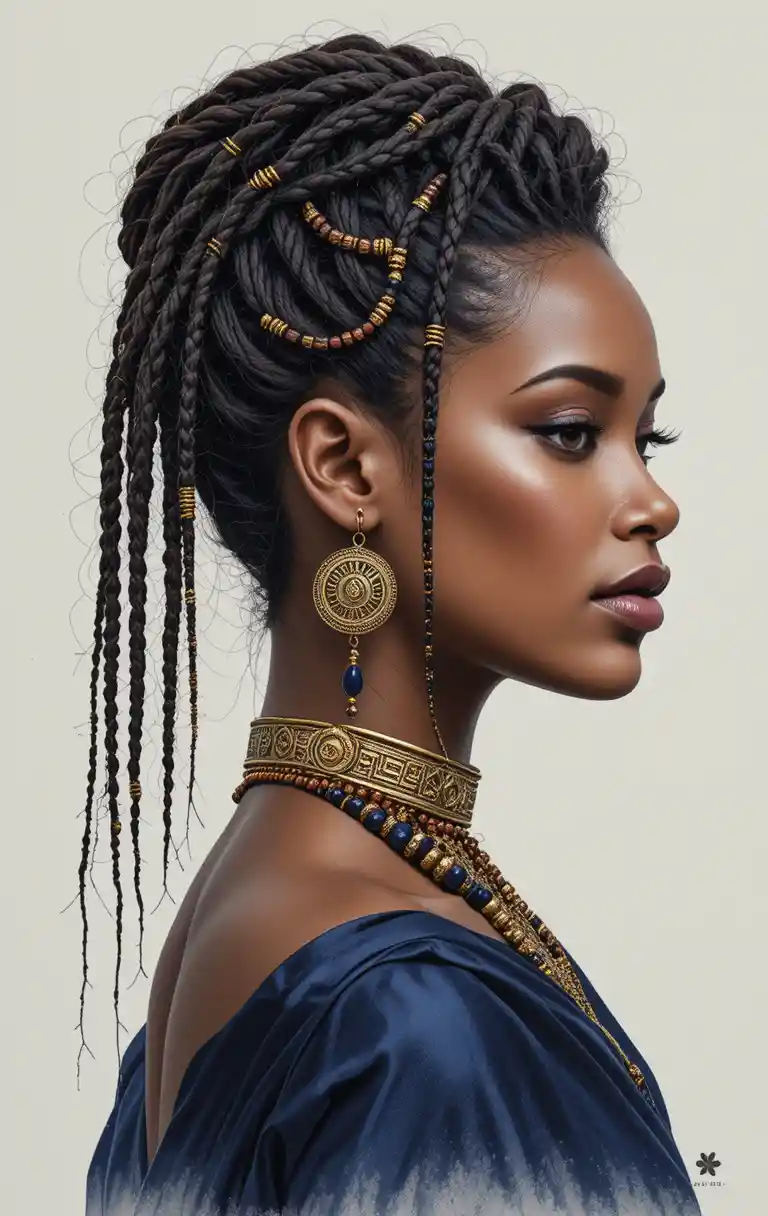 Retrato de perfil de uma jovem mulher negra com joias douradas