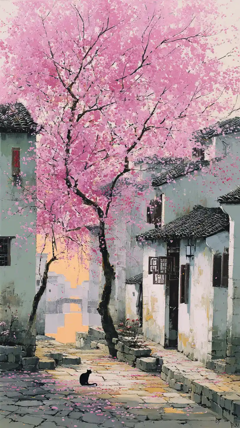 Flores de primavera sobre uma tranquila praça de vila em Jiangnan