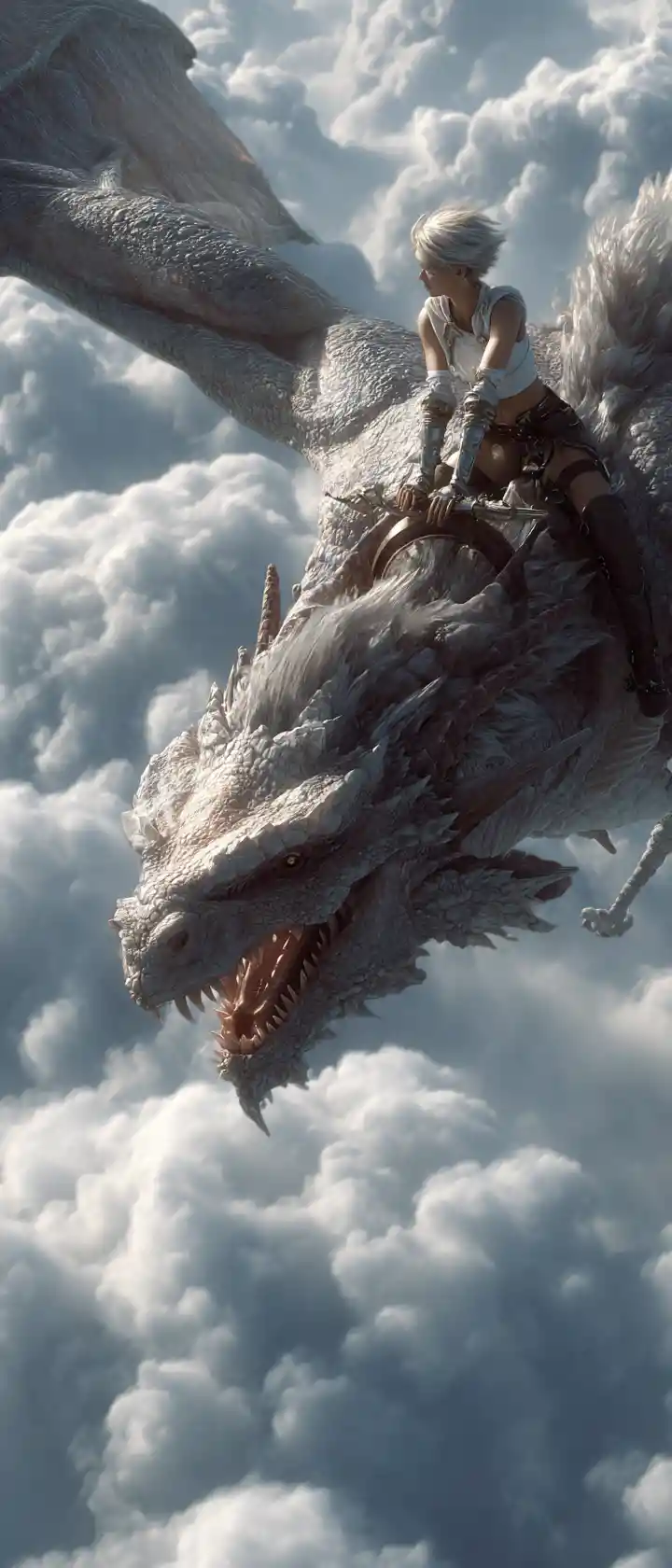 Girl warrior riding a dragon through burning clouds