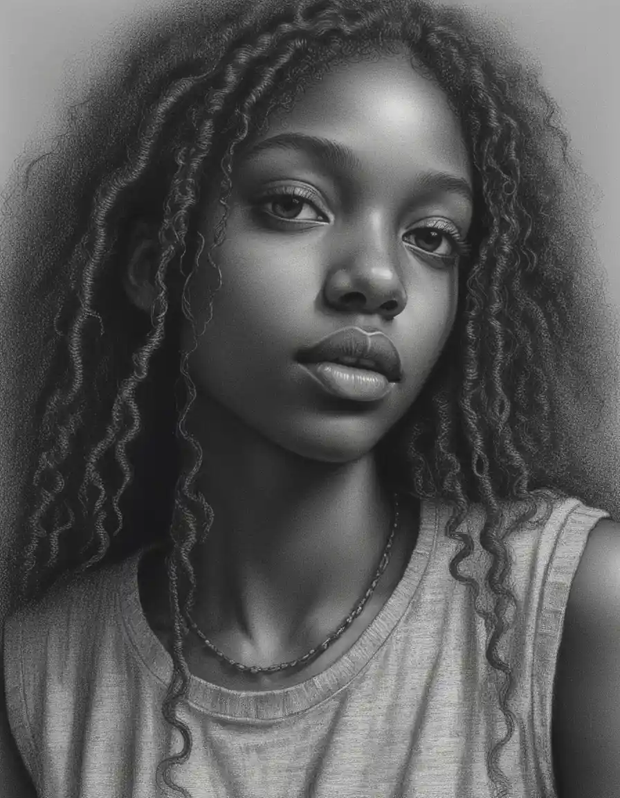 Portrait en graphite d’une jeune femme aux longs cheveux bouclés