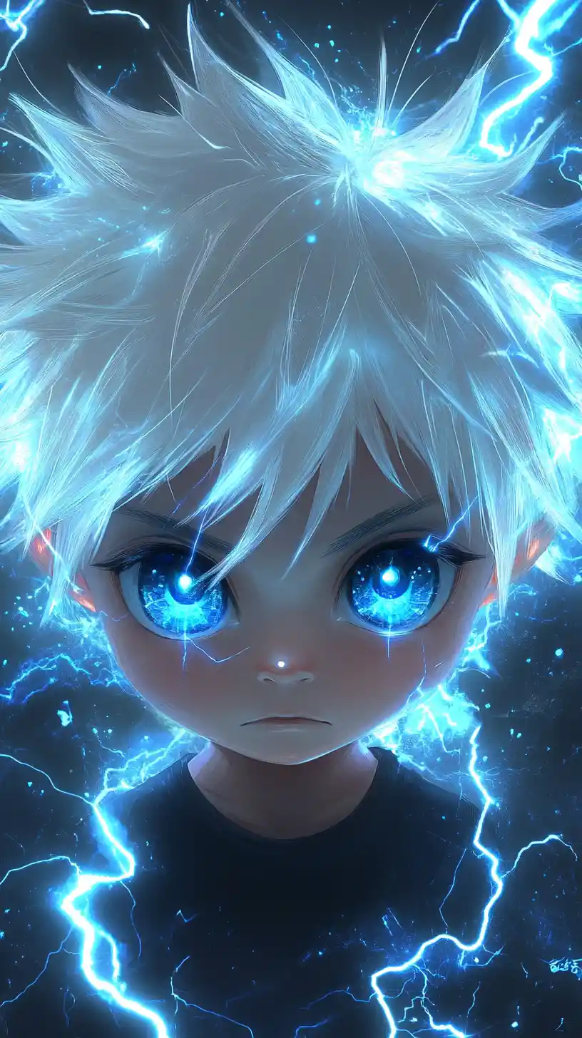 青い稲妻のような光る瞳を持つちびアニメ少年