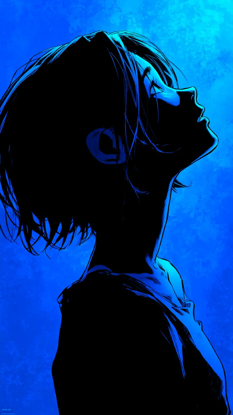 Silhouetted youth in blue manga style side profile