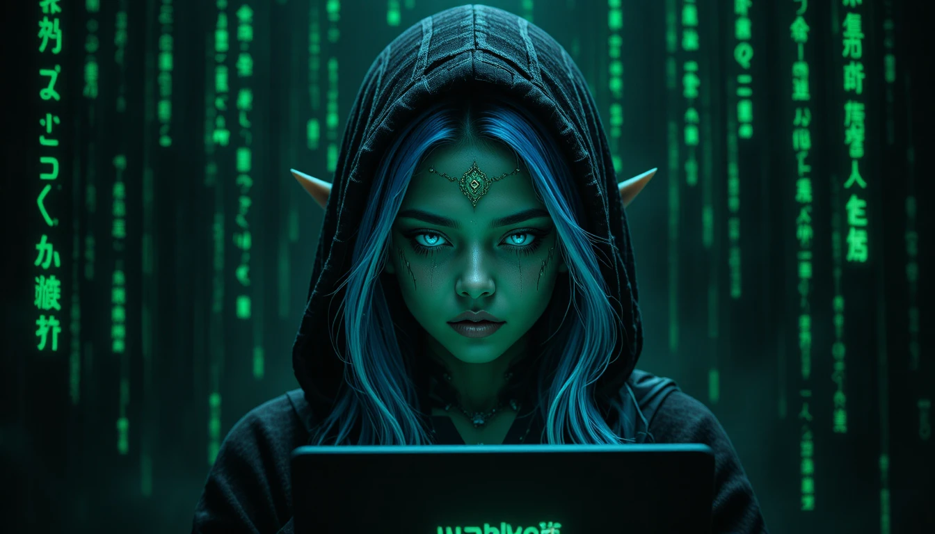 Hooded blue haired elf hacker with glowing robotic face