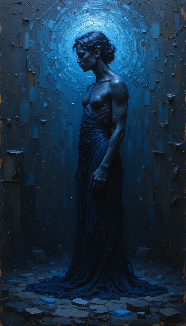 Silhouette humaine abstraite dans une profonde aura bleue introspective