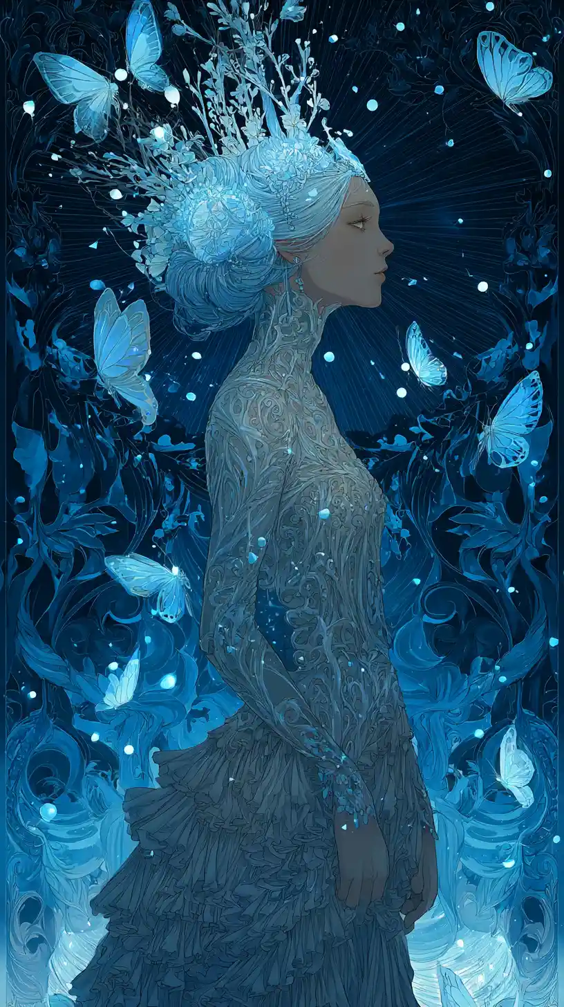 Ethereal Woman In Blue With Butterflies In Fantasy Forest