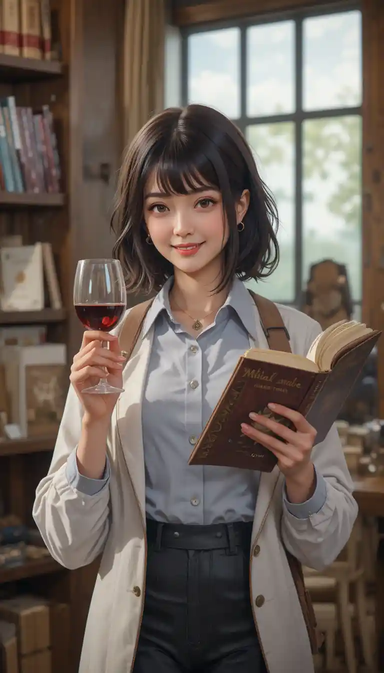 Junge Frau bei der Arbeit mit Weinglas und Buch