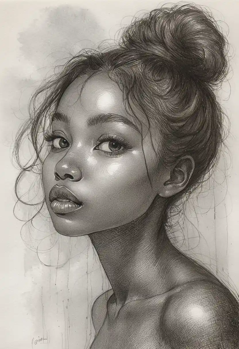 Graphite portrait of a young black woman gazing upward