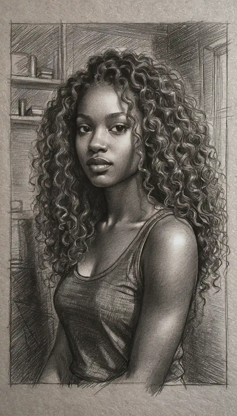 Retrato em grafite de uma jovem com cabelo longo e cacheado