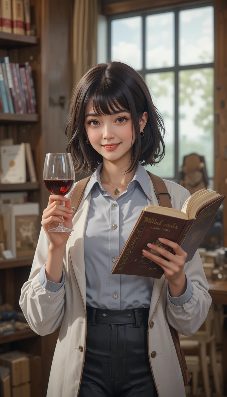 Giovane donna al lavoro con bicchiere di vino e libro in mano