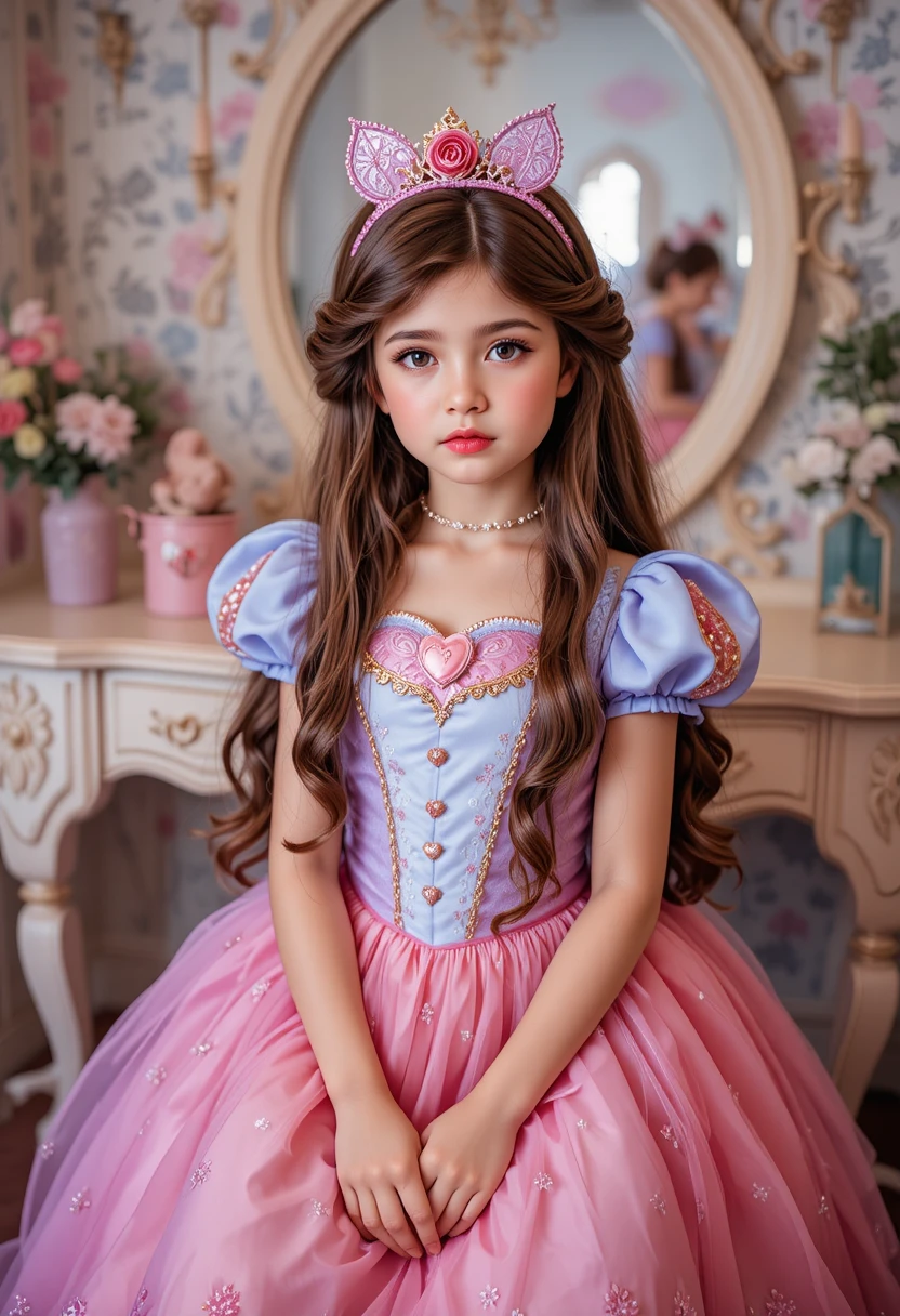 Giovane ragazzo vestito da principessa in una giocosa scena davanti al vanity