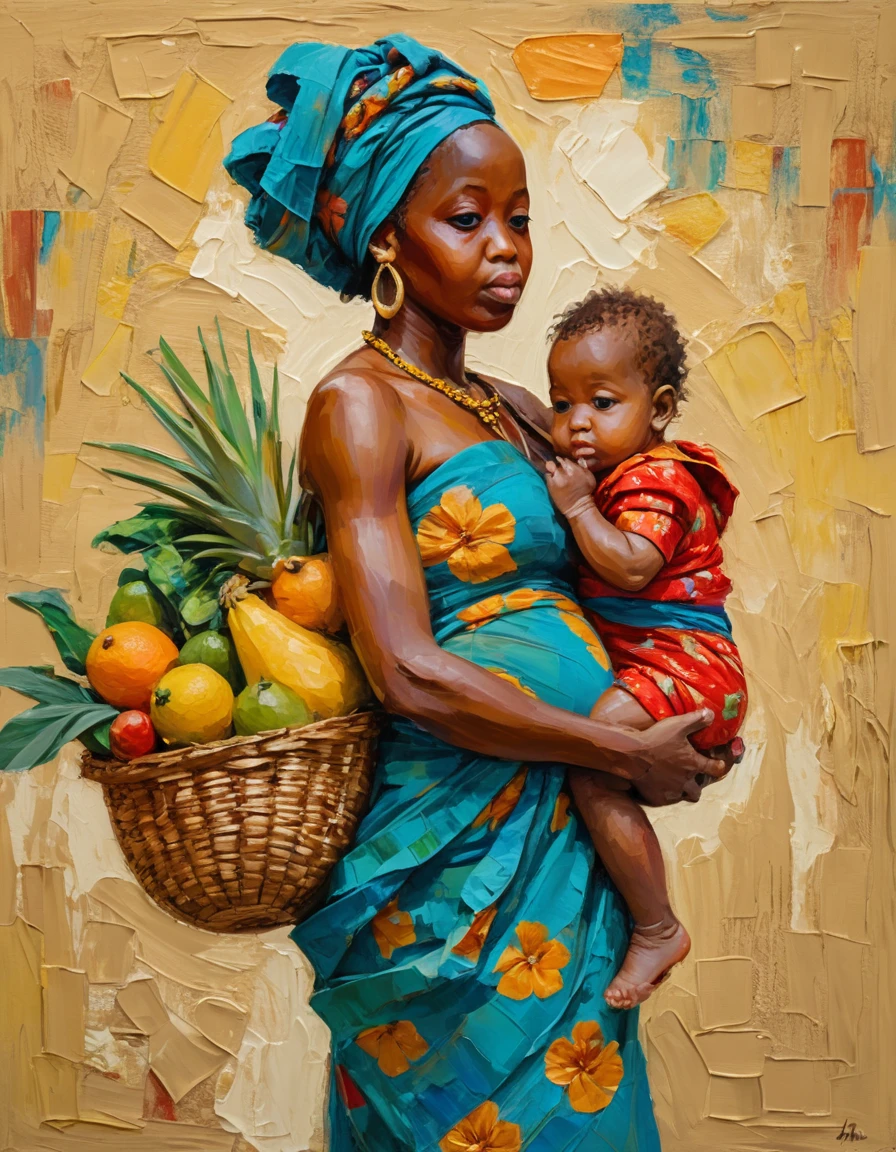 African mother carrying harvest and child in impasto painting