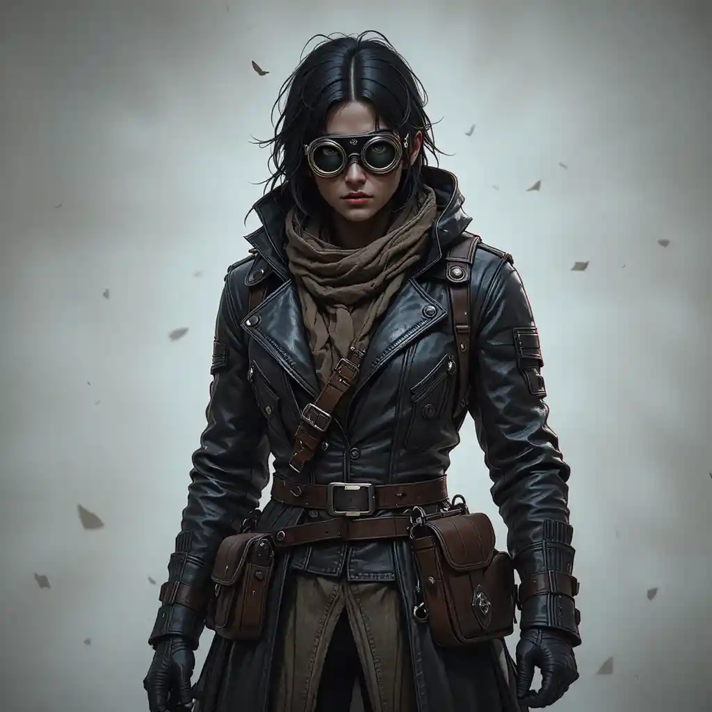 Dark fantasy artificer with goggles and leather coat