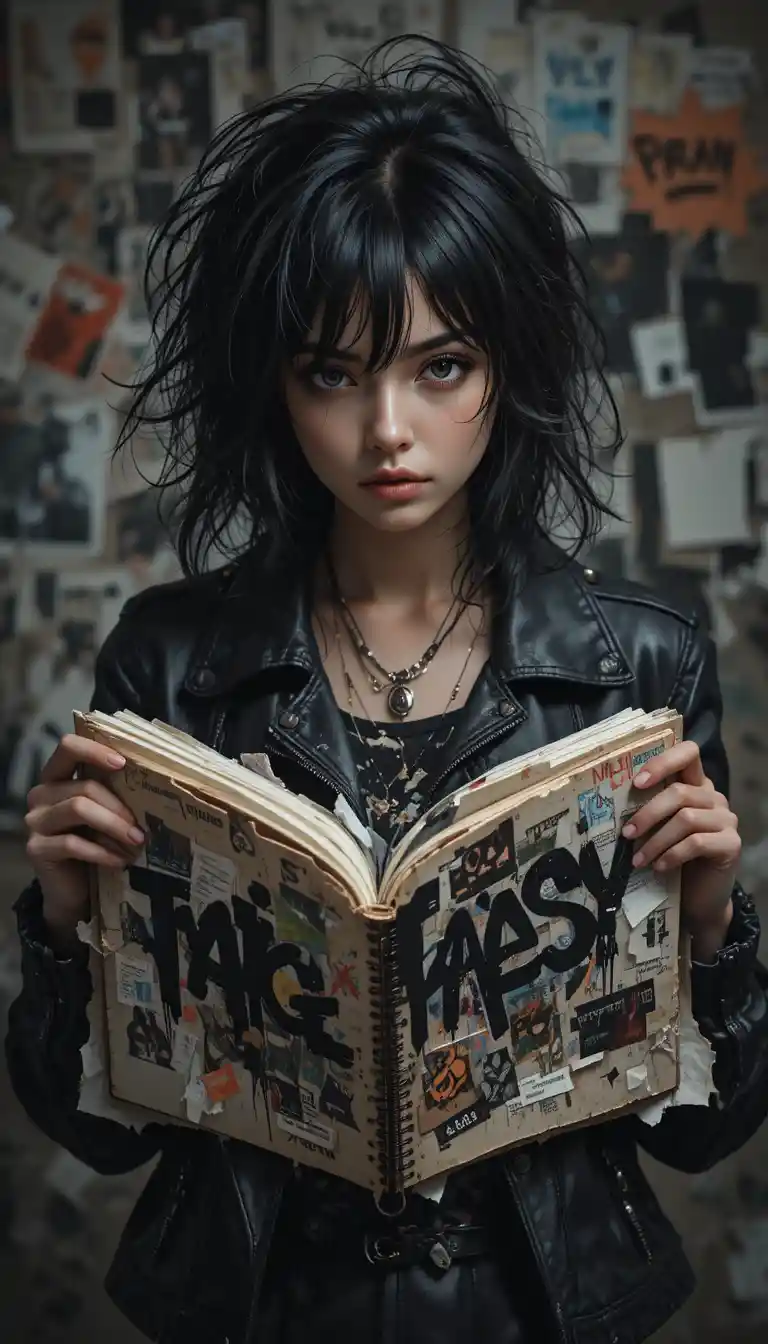 Ragazza ribelle con diario collage sotto una drammatica luce da studio