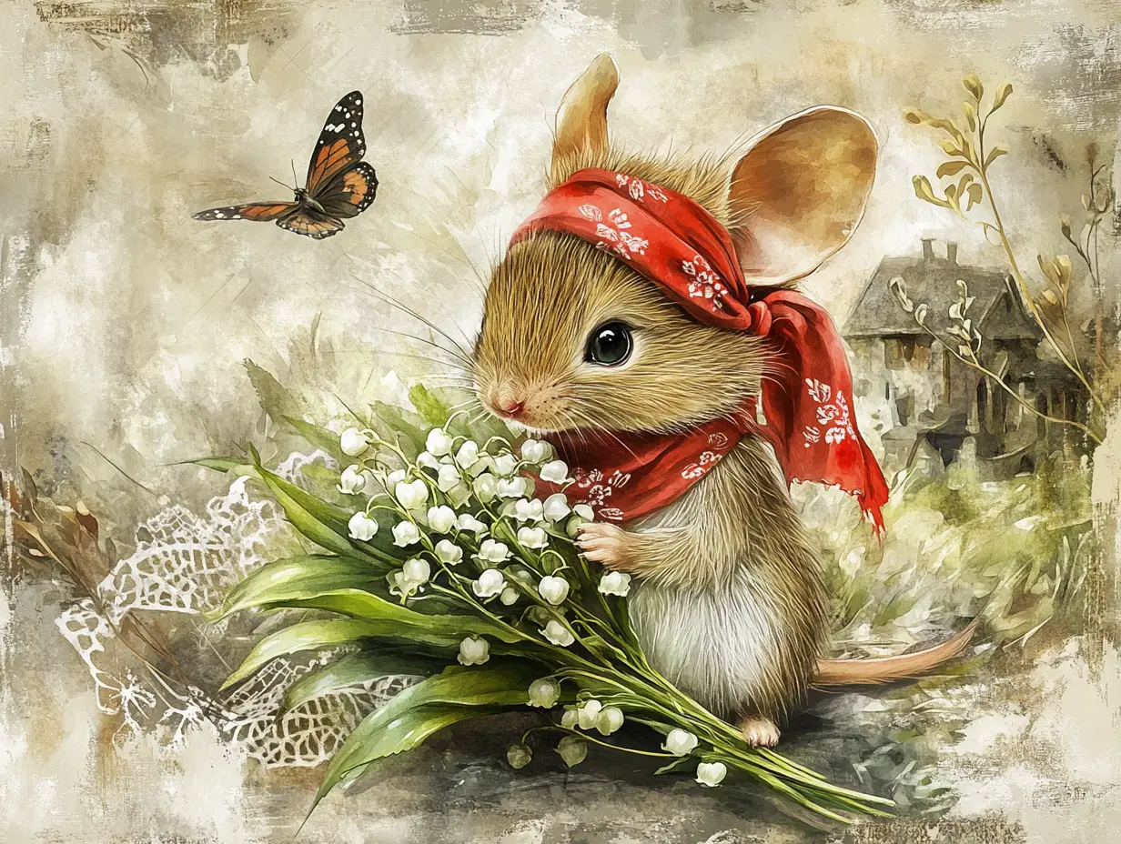 Cute mouse with spring flowers in watercolor illustration