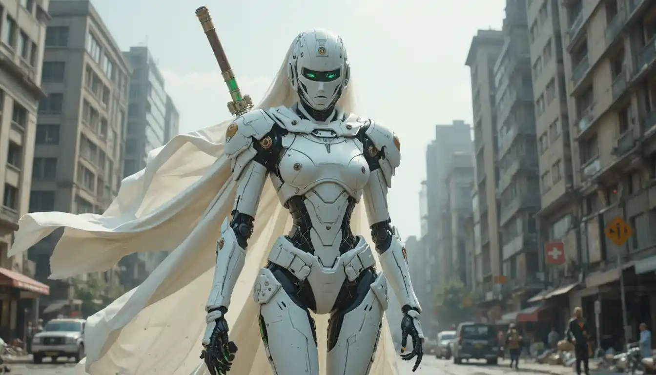 Templar inspired female robot with laser sword in ruins