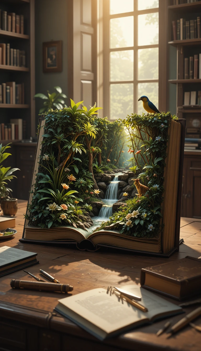 Vecchio libro aperto che si trasforma in una rigogliosa foresta pluviale