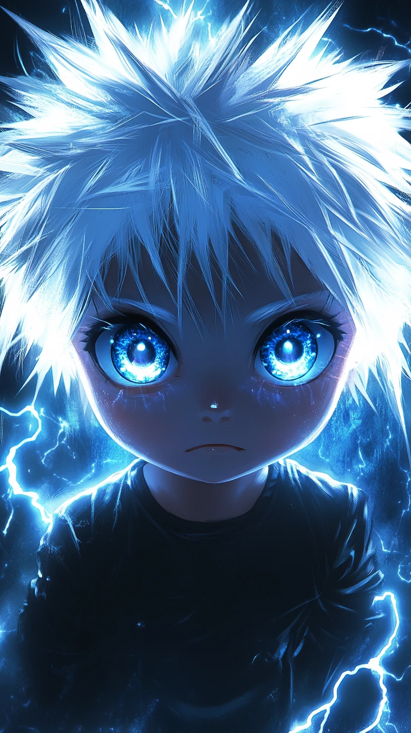Garçon anime chibi aux yeux bleus lumineux et éclairs
