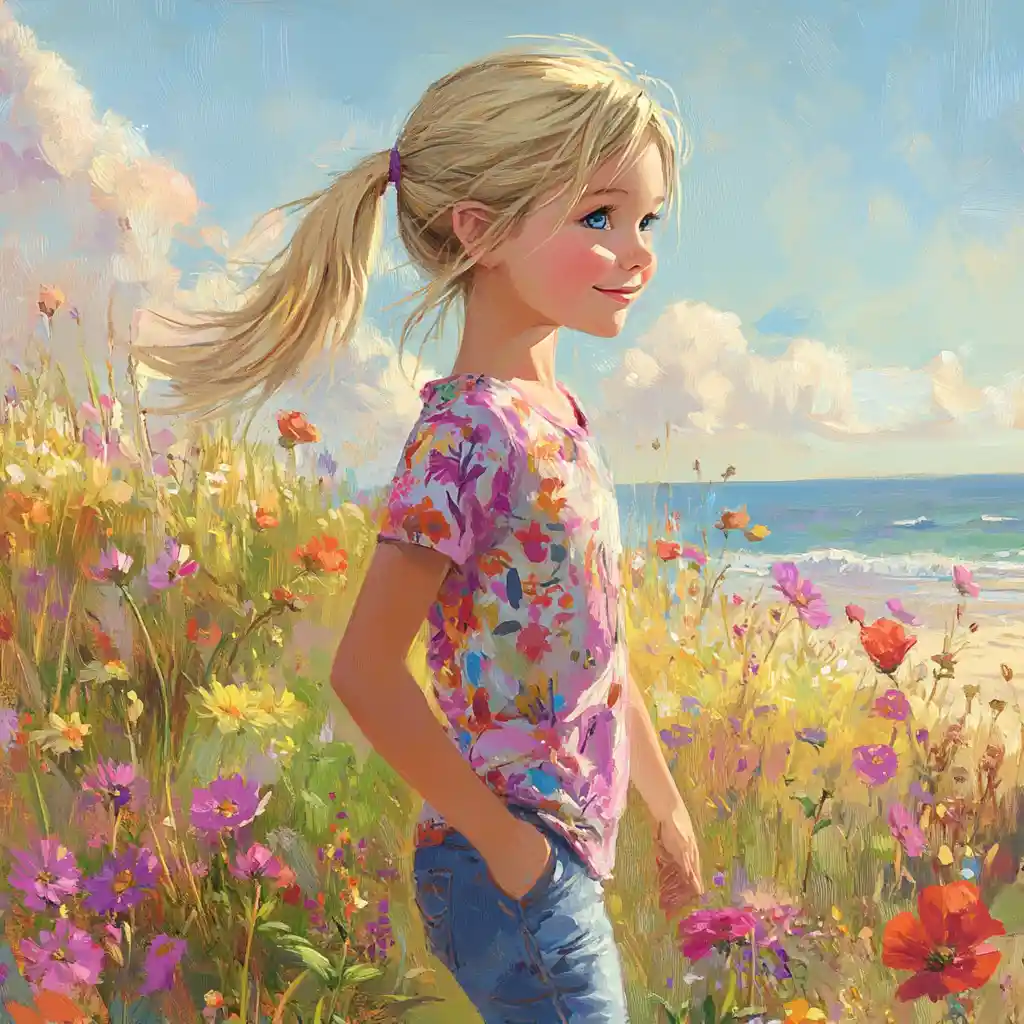Lächelndes Mädchen geht zwischen Frühlingsblumen am Strand