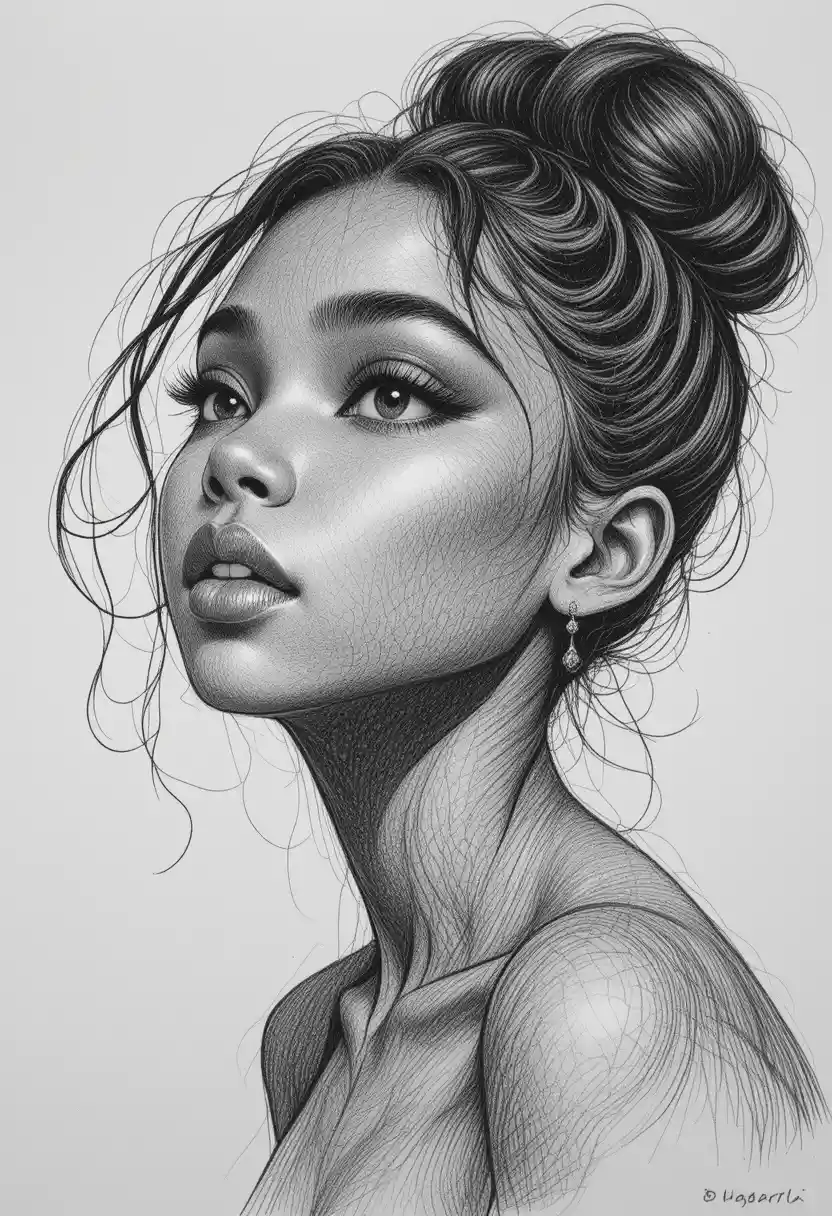 Retrato a lápiz de una chica negra mirando hacia arriba con aire soñador