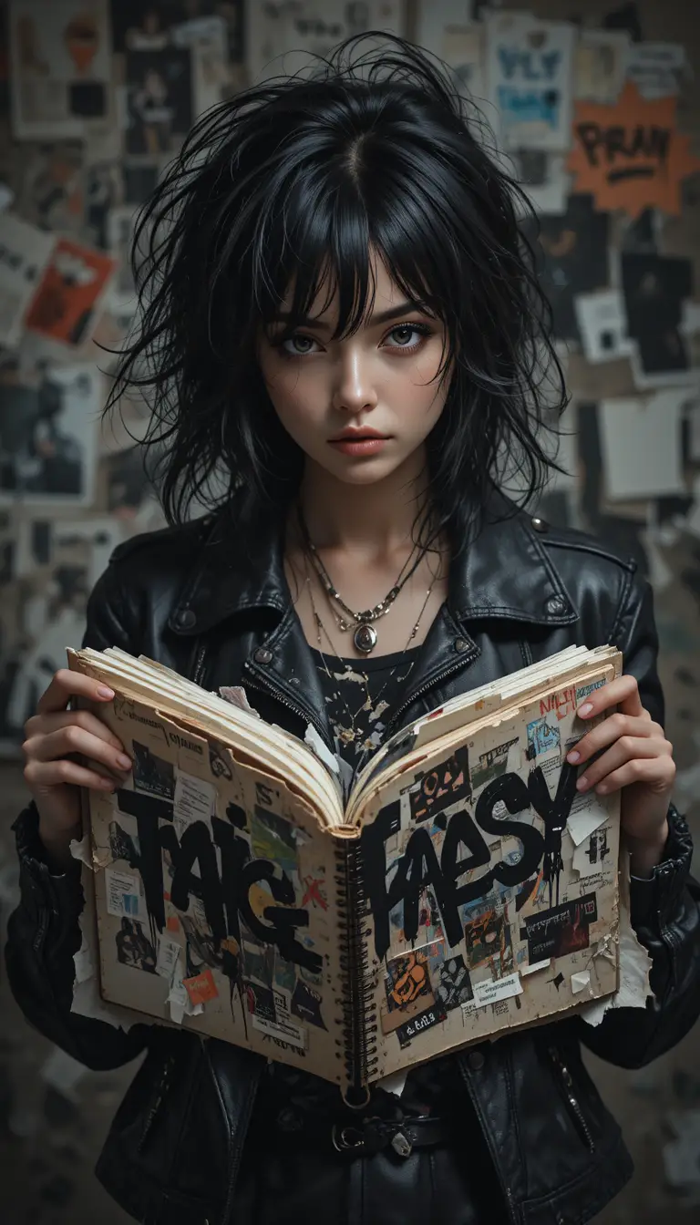 Ragazza ribelle con diario collage sotto una drammatica luce da studio